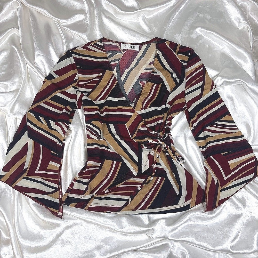 y2k Blouse Burgundy Excellent A. Byer Geometric Wrap Top Bell Sleeve Striped